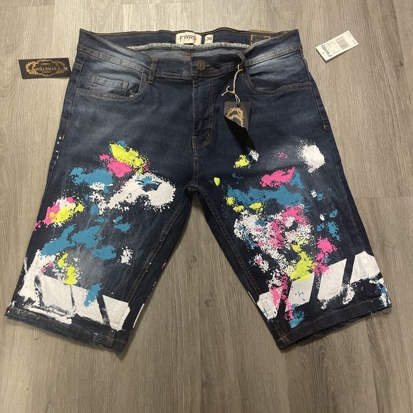 FWRD DENIM DARK WASH BLUE SPLATTER MENS SHORTS SIZE 36 NEW RETAIL 60 - Picture 1 of 3